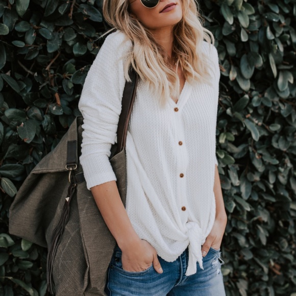 White Button Up Waffle Knit Thermal - Picture 4 of 8